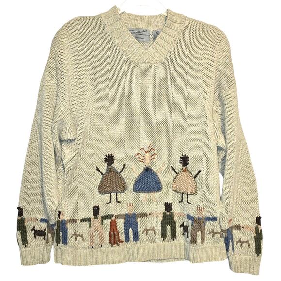 Vintage Y2K Northern Isle Ramie Cotton Sweater 3D Hand Embroidery Tan Size L - Picture 1 of 8